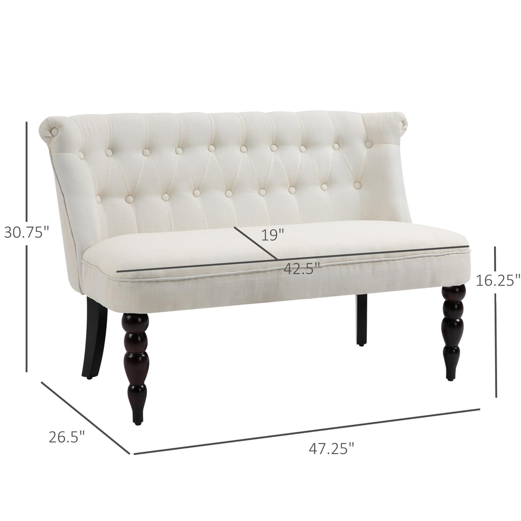 Fabric Loveseat with Wood Legs, Buton Tufted Settee, Cream White