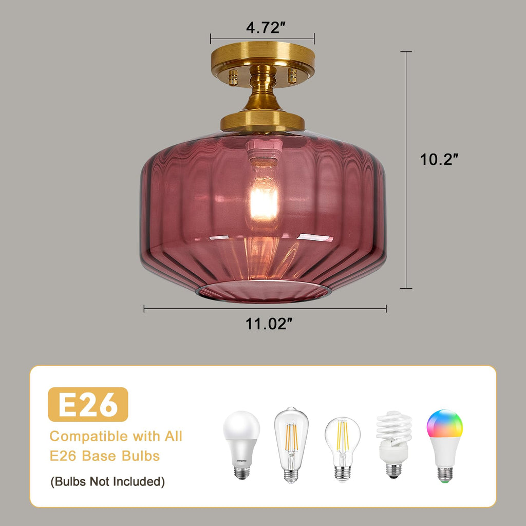 Glass Semi Flush Ceiling Light: 11" Gold Red Vintage Mid Century Chandelier