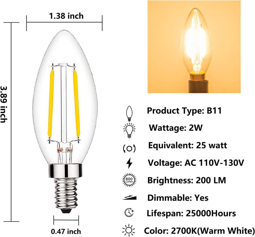 E12 Candelabra Bulb 25 Watt Equivalent E12 LED Bulb 2700K 12 Pack