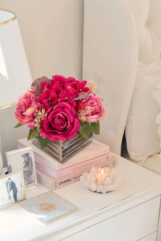Flower Arrangement with Wooden Vase 8" Artificial Flowers in Pot - Fake Flowers Roses Peonies Hydrangeas in Wooden