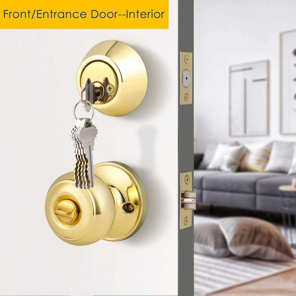1 Pack Polished Brass Round Style Entry Door Knobs and Deadbolt Combination Set, Keyed Alike Double Cylinder Deadbolt