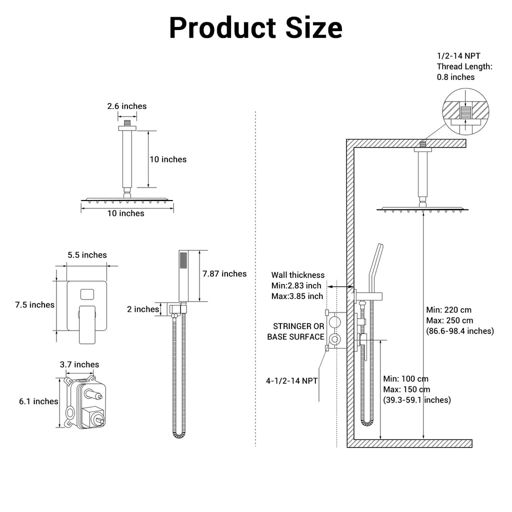 10" Square Ceiling Rain Shower Faucet Set, Chrome
