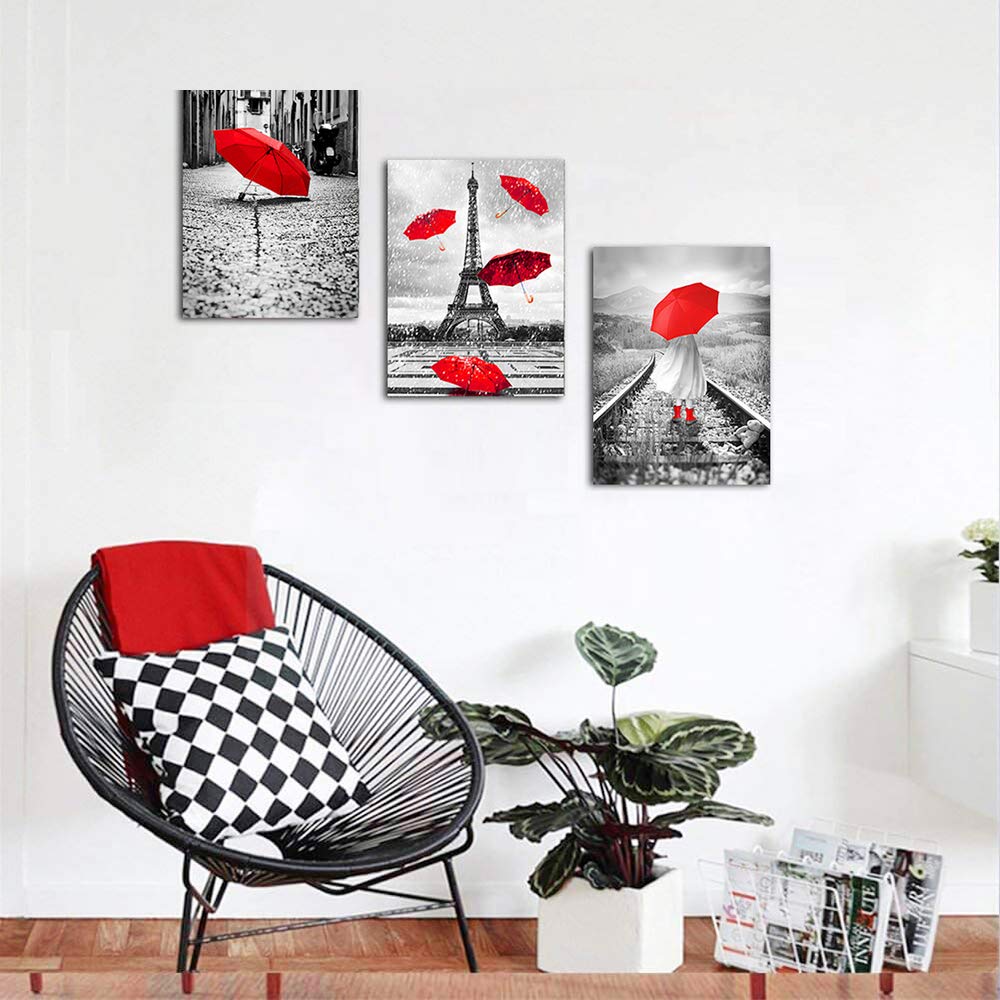Black and white landscape Eiffel Tower 3 Piece Wall Bathroom Decorations Kitchen Wall decor modern red umbrella