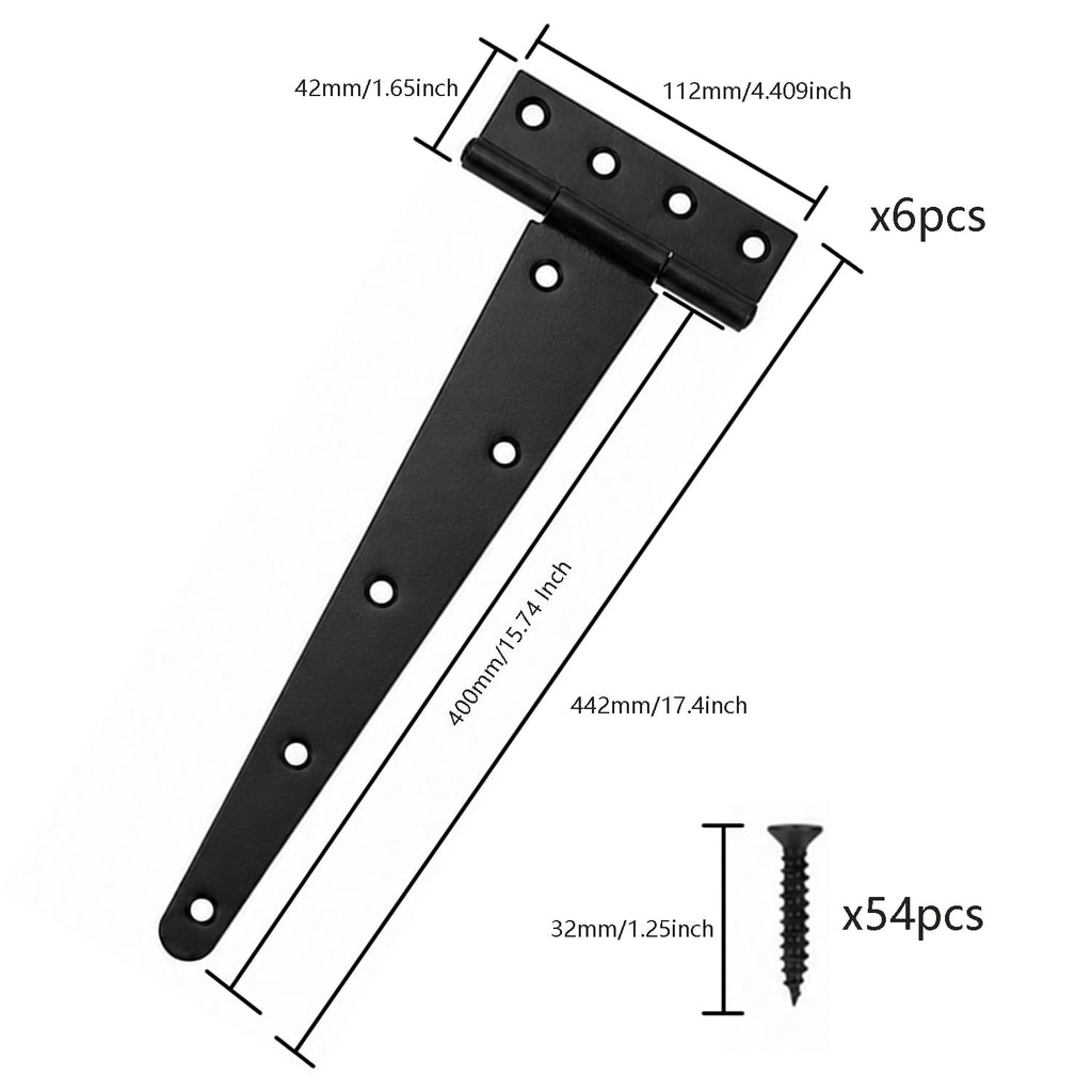 Gate Hinges 6 Pack 16 Inch, Heavy Duty Gate Hinges, T-Strap Black Corrosion-Resistant Hardware for Wooden Fence, Barn