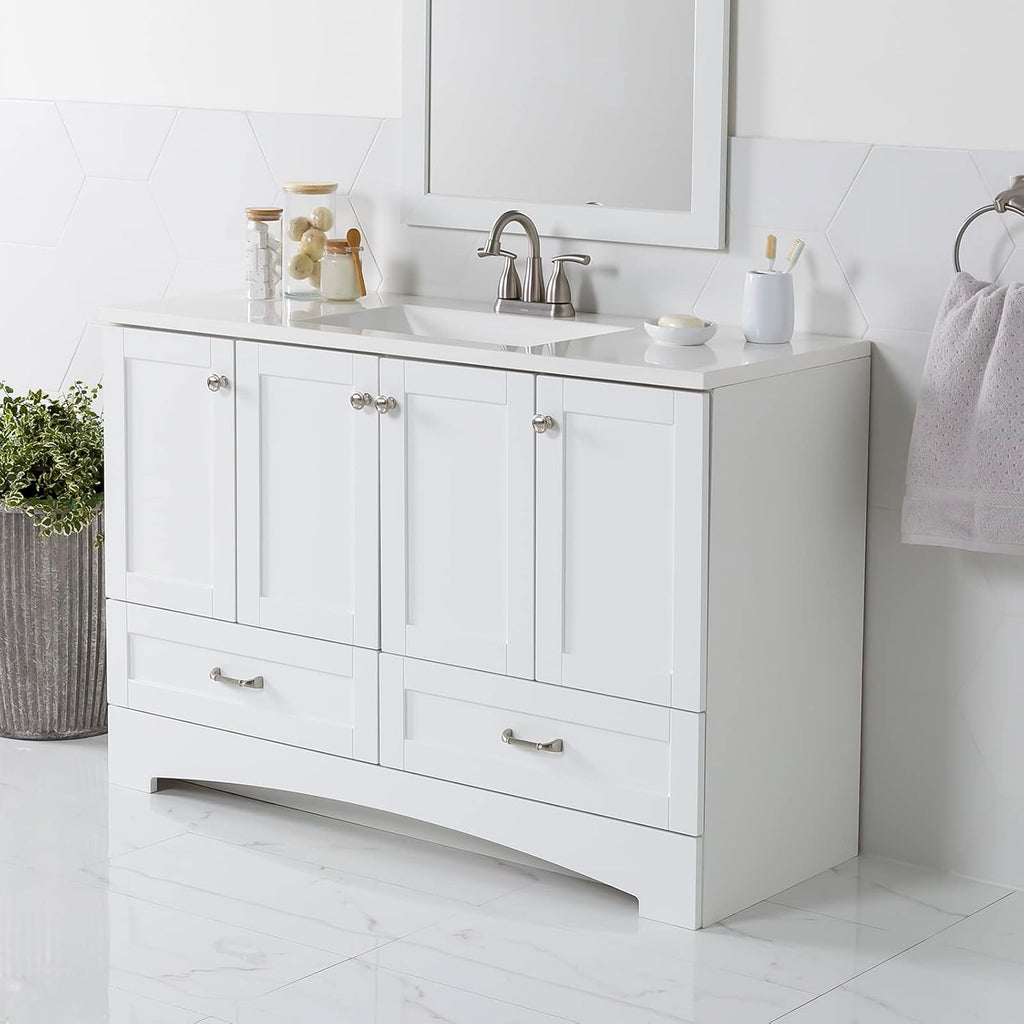 Spring Mill Cabinets Emlyn 48 Inch Bathroom Vanity with White Single Sink Top, 3 Cabinets, 2 Shelves, 2 Drawers