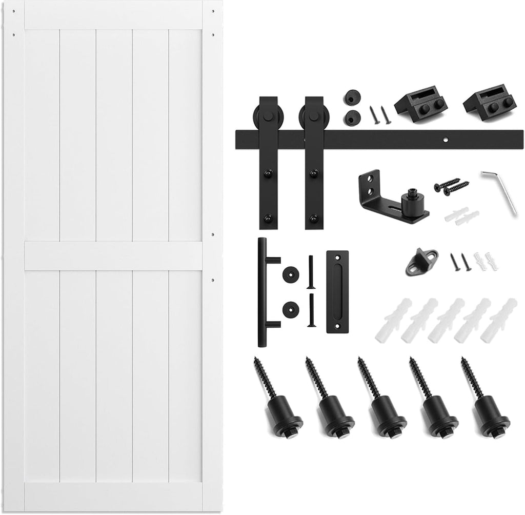 36 x 84 inch White Sliding MDF Barn Door with 6.6FT Black Sliding Door Hardware Kit & Handle, Pre-Dr