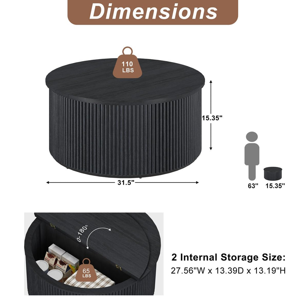 Round, Fluted Wooden Center Table, Circular Mid-Century Modern Coffee Tables for Small Space, Living Room, Bedroom