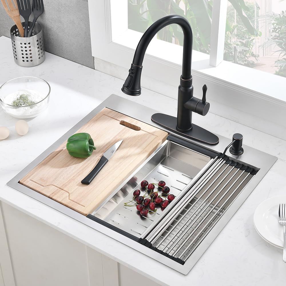 25x22 Drop Sink Workstation, Single Bowl Stainless Steel Top Mount Kitchen Sink Ledge Built In 16 Gauge Handmade 10"