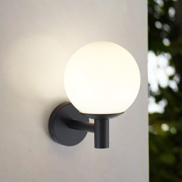 Porch Light Outdoor Globe Wall Light, Modern Exterior Sconce with Opal Glass Shade, Black Wall Light Fixture for