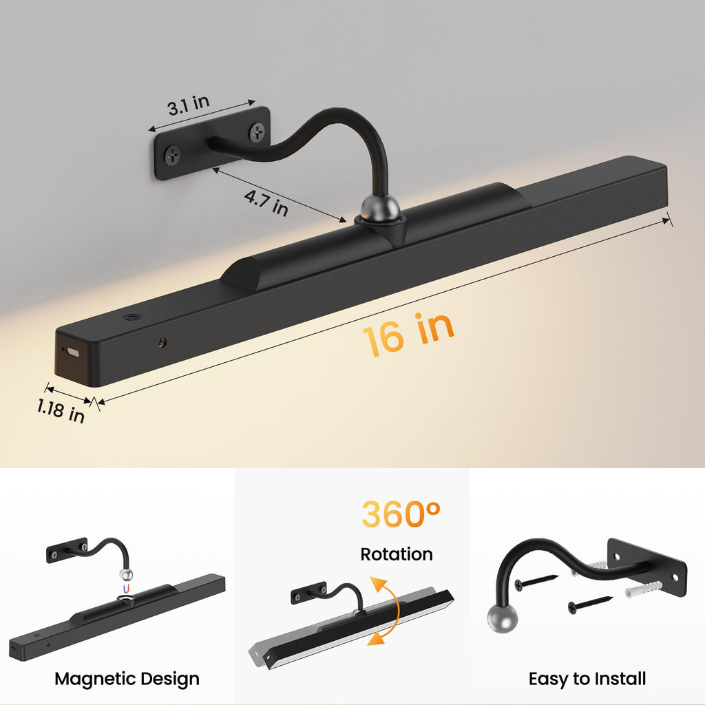 3Pack Picture Light Battery Operated, 16in Picture Light for Wall, 5000mAh Cordless Wall Lights with Controller,Art