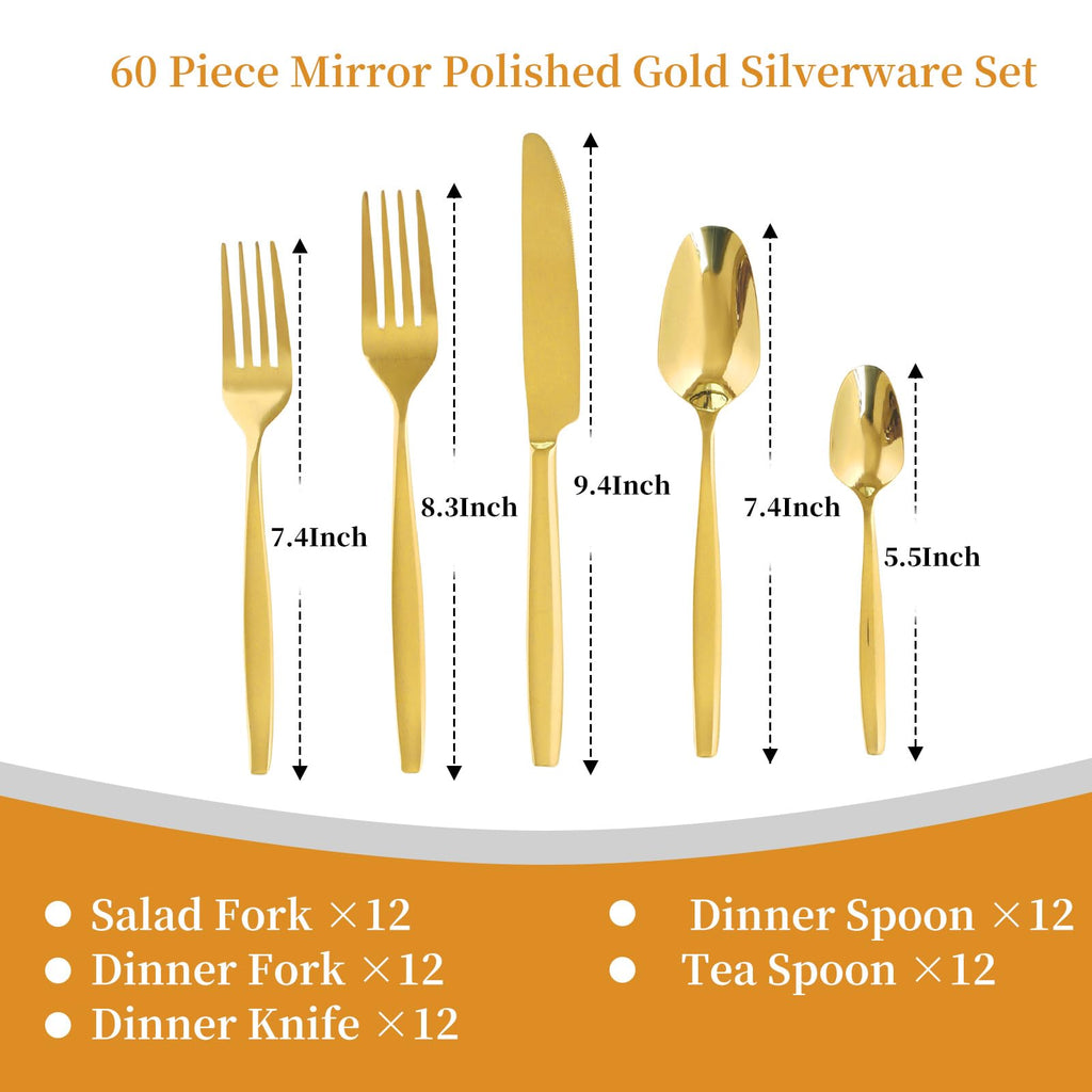 Gold 60-Piece Silverware Set, Stainless Steel Flatware Utensils Cutlery Set for 12, Including Steak Knife Fork and