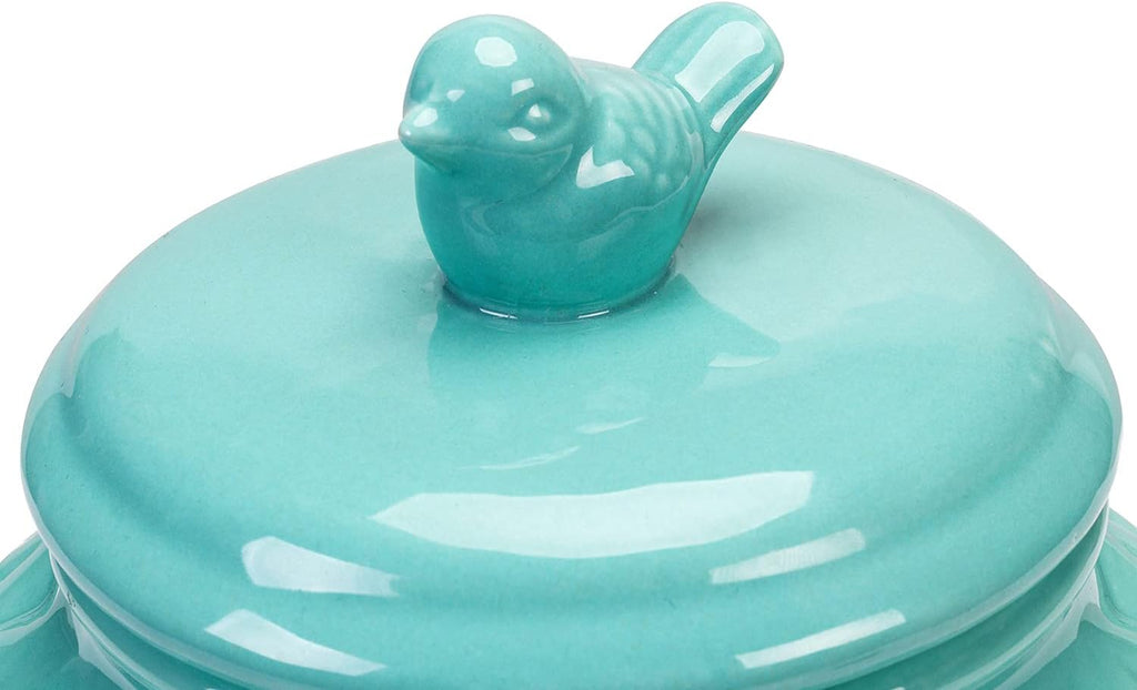 Turquoise Ceramic Cookie Jar with Lid, Embossed Star & Bird Design