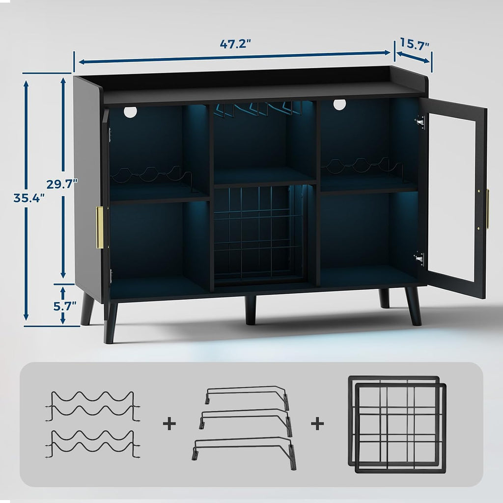 Freestanding Wine Bar Cabinet with Wine Rack and LED Light, Kitchen Sideboard and Buffet Cabinet Coffee Bar with