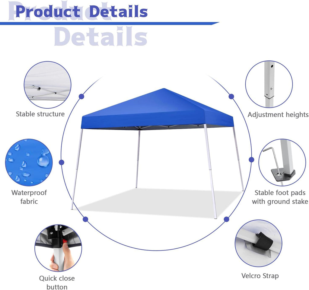 10x10FT Slant Leg Pop Up Canopy Tent, Portable Outdoor Shelter with Carrying Bag-10x10 Base 8x8 Top (Blue)