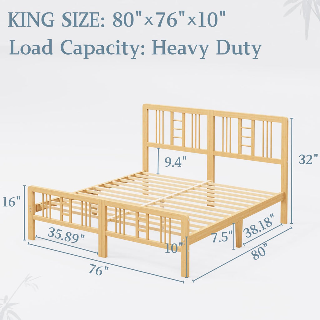 10 in High Bamboo Wood King Size Bed Frame with Headboard & Footboard, Platform Bed Frame King with Steel Slats