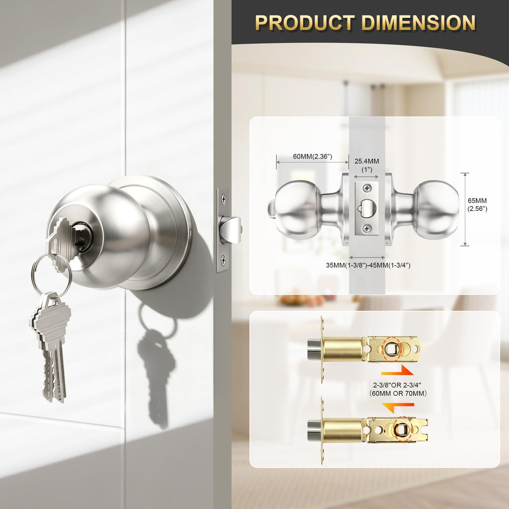 2 Pack Entry Door Knob with Lock, Keyed Different Door Lock for Exterior Door and Front Door, Standard Ball, Satin