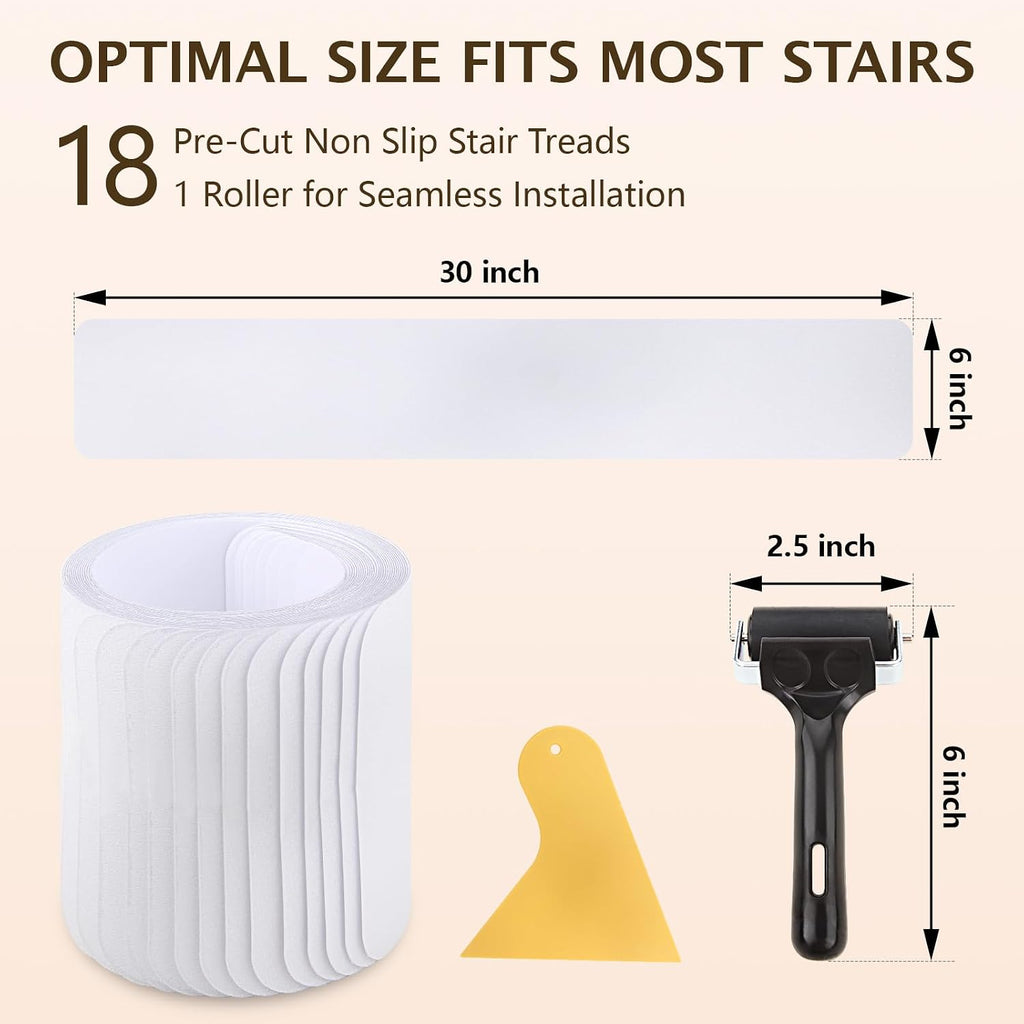 Clear Stair Treads Non Slip 30"x6", 18-Pack Anti Slip Strips for Wooden Steps Indoor, Transparent Adhesive Pre-Cut