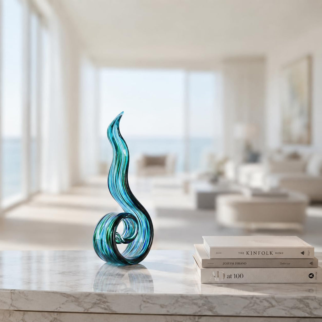 Glass Sculptures Home Decor, Hand Blown Art Glass Statue, Abstract Wave Flame Figurine Shelf Tabletop Entryway