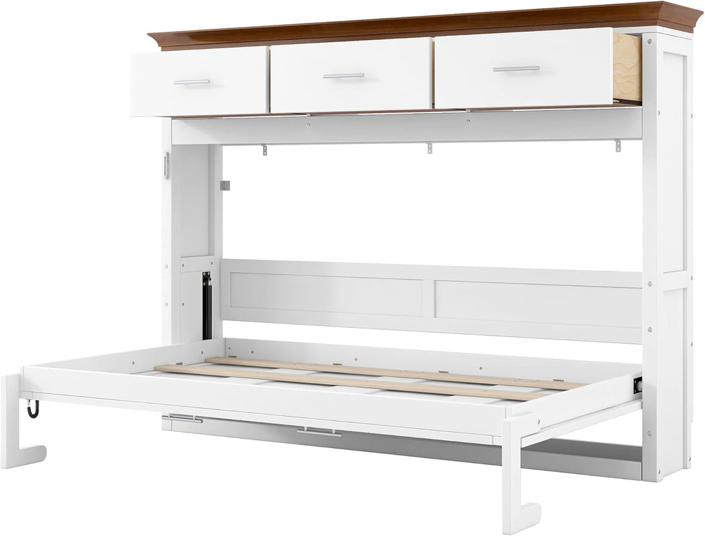 Twin Horizontal Murphy Bed with Drawers,Wood Space-Saving Folding Hideaway Murphy Wall Bed with Storage Drawers, for
