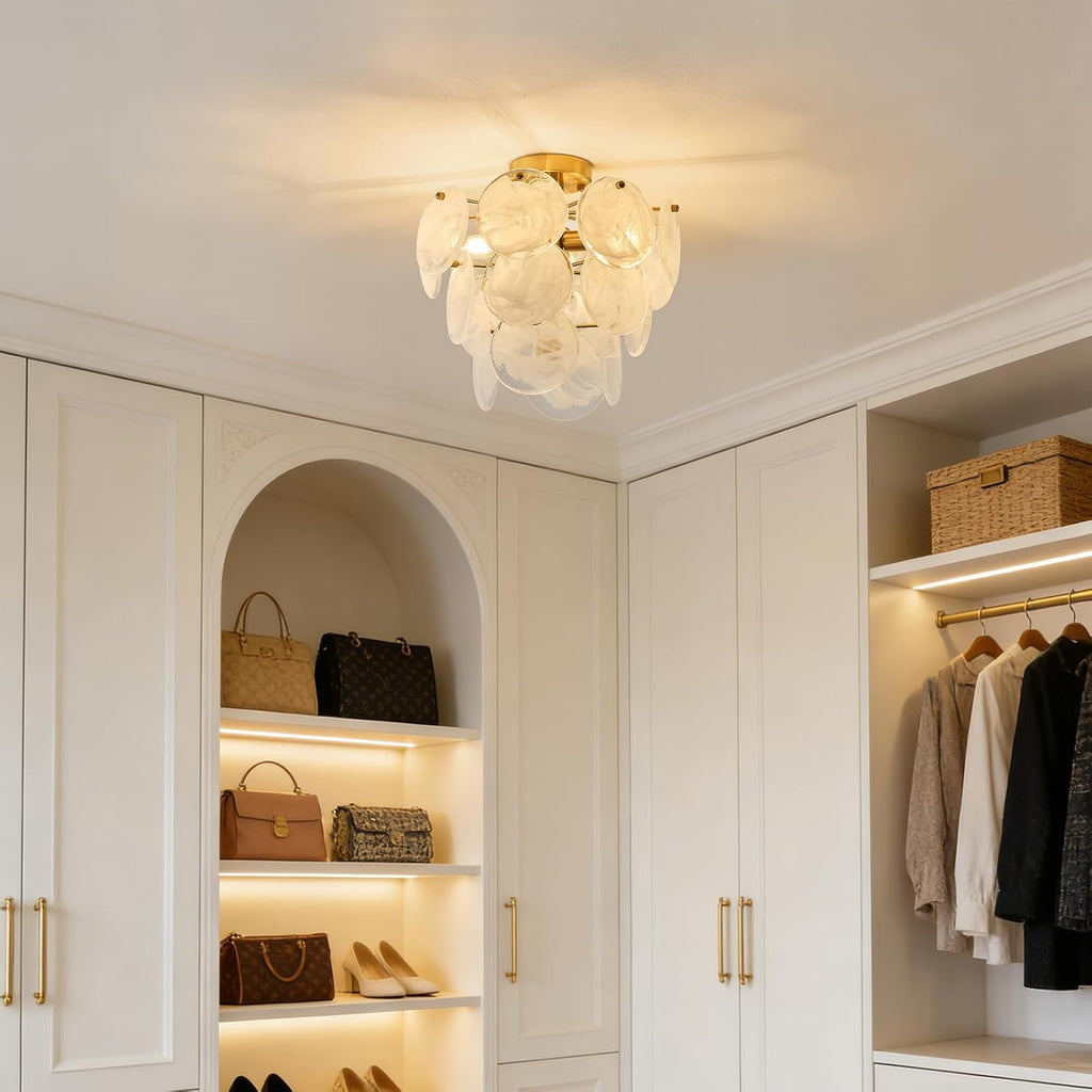 15" Brass Gold Semi Flush Mount Ceiling Light,13 lb Sturdy Vintage Flush Mount Chandelier with Unique Cloud Glass, 4