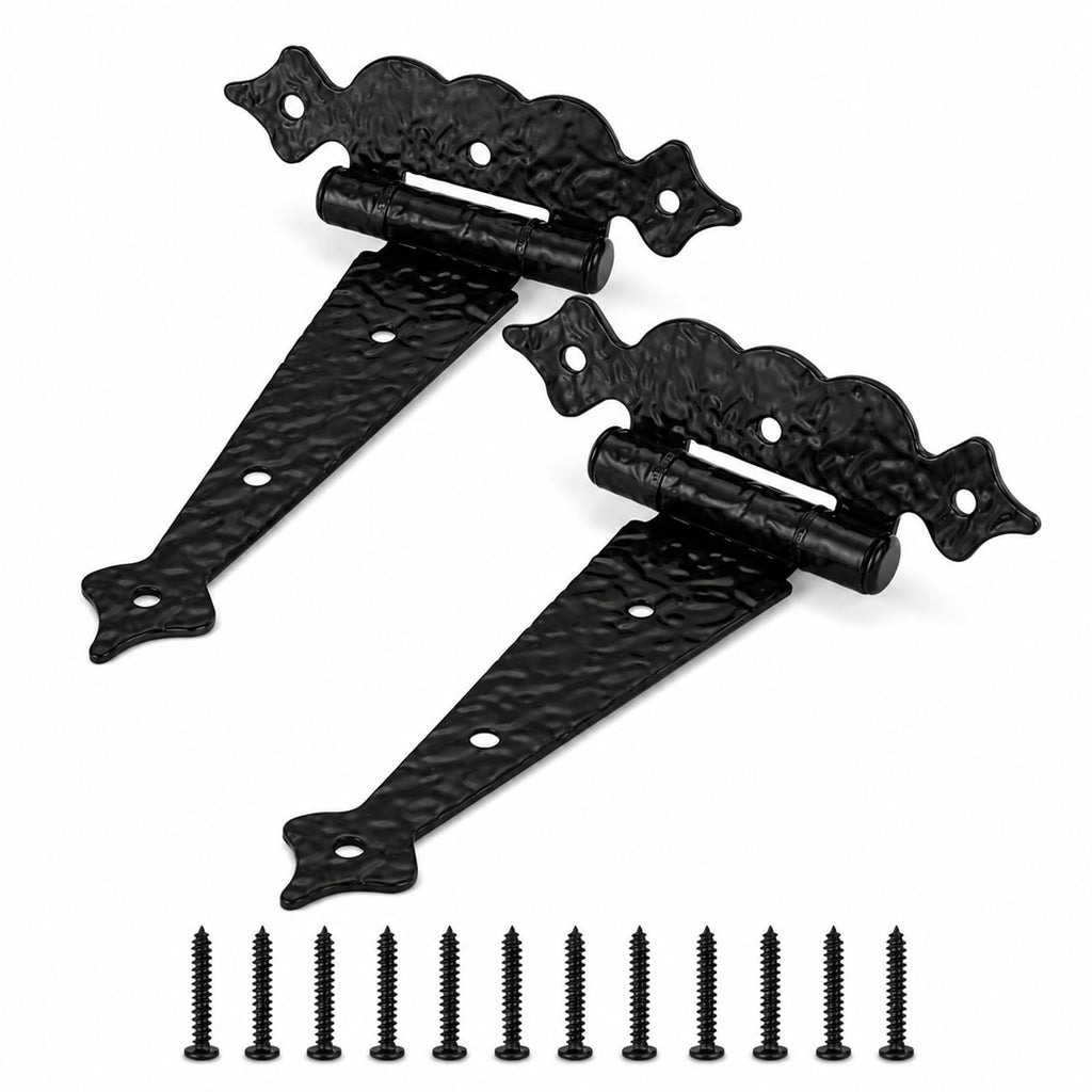 6 Inch Decorative Hammered Tee Hinge, 2 Pack Black Heavy Duty T-Strap Hinges for Garden Gates, Shed Doors, Barns &