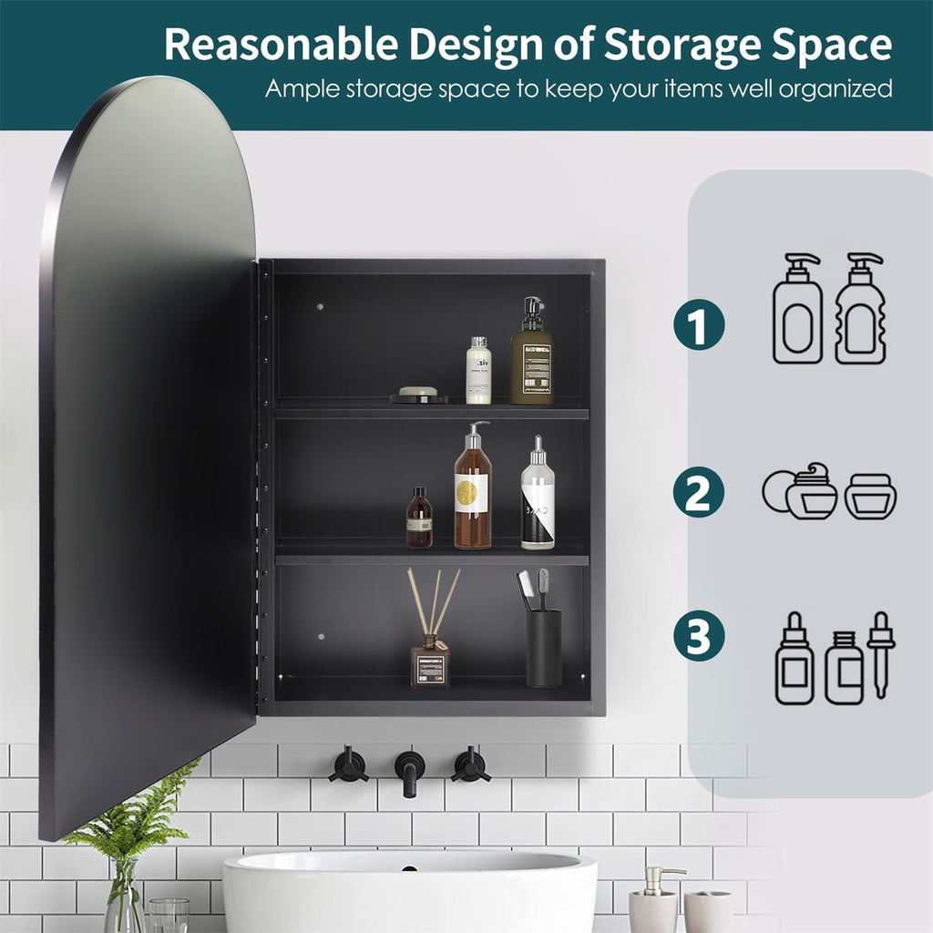 Arched Black Medicine Cabinet with Mirror 16 x30 Inch | Metal Framed Bathroom Mirror Medicine Cabinet Wall