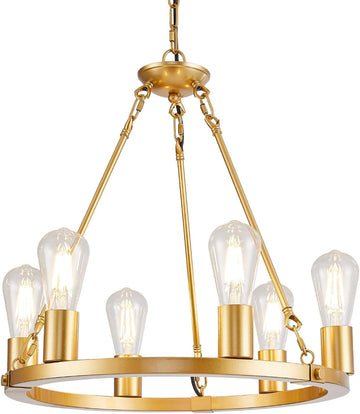 Inspired Camino Style Chandelier - 6 Lights Gold Wagon Wheel Chandelier, Modern Golden Pendant Lights Fixtures for Living Room, Bedroom, Entryway, Foyer, Haning Light with 18.1", E26 Bulbs A105-B0D78CKLVQ