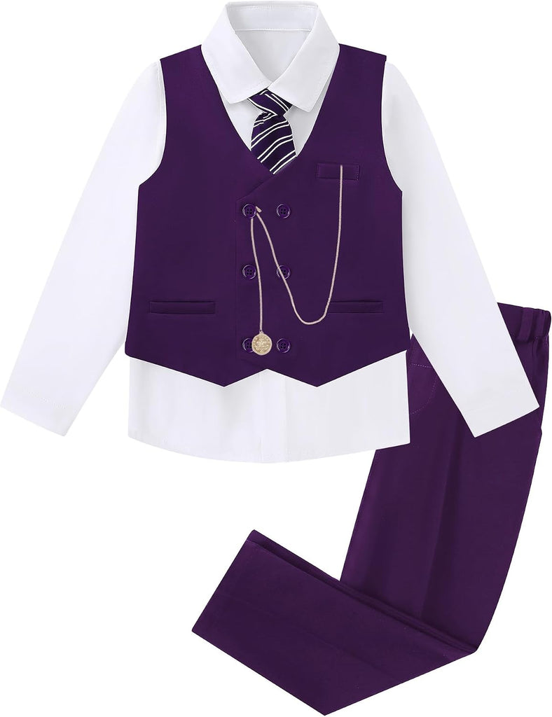 Boys Suit Formal Dress Clothes Big Boy Wedding Outfit Vest+Pants+Dress Shirt+Chain+Adjustable Tie