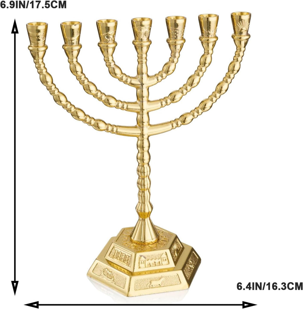 Large 7 Branch Hanukkah Gold Plated Jewish Menorahs Candle Holder