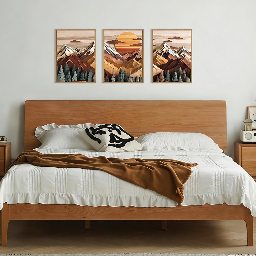 Woodcut Style Mountain Framed Canvas Wall Art Set,Wooden Pine Tree Wall Decor,Vintage Forest Landscape Art