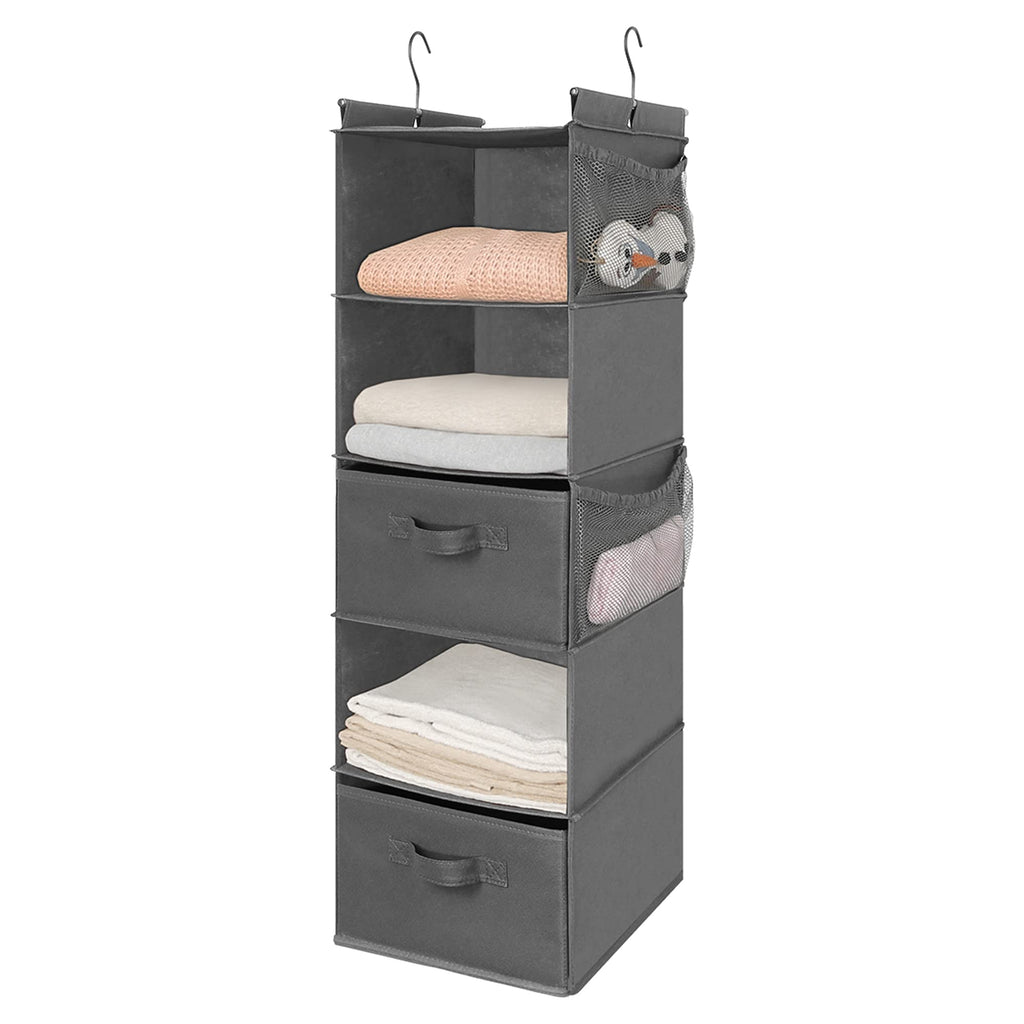 5 Tier Shelf Hanging Closet Organizer, Cloth Hanging Shelf with 2 Sturdy Hooks for Storage, Foldable (Grey-D2)