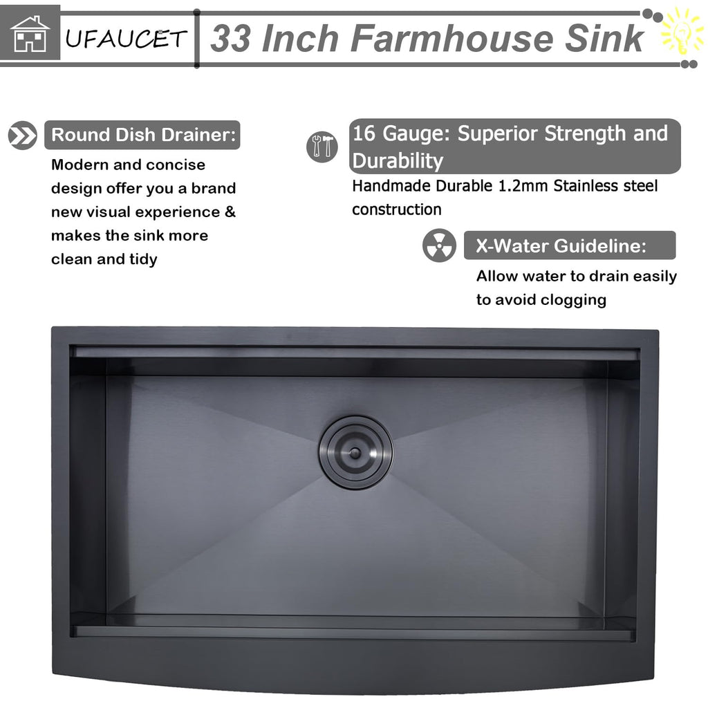 33 Inch Black Farmhouse Sink, Apron Front Farm Kitchen Sinks