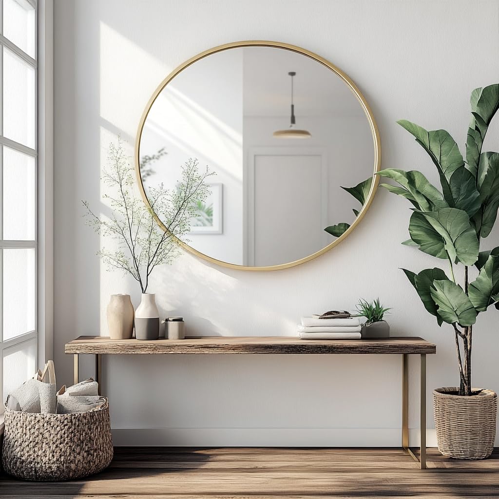 Round Mirror, 24 inch Glold Circle Mirror, Bruhsed Gold Metal Frame