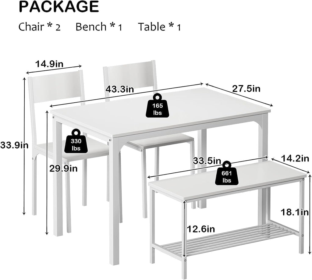4 Person Dining Table Set, Dining Table with 2 Chairs and 1 Bench, Rectangular Space-Saving Dinner Table with Two
