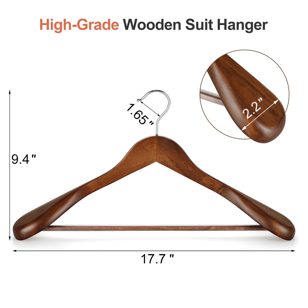 Wide Shoulder Wooden Hangers, Suit Hangers with Non Slip Pants Bar & 360° Swivel Hook, Solid Wood Heavy Duty Coat