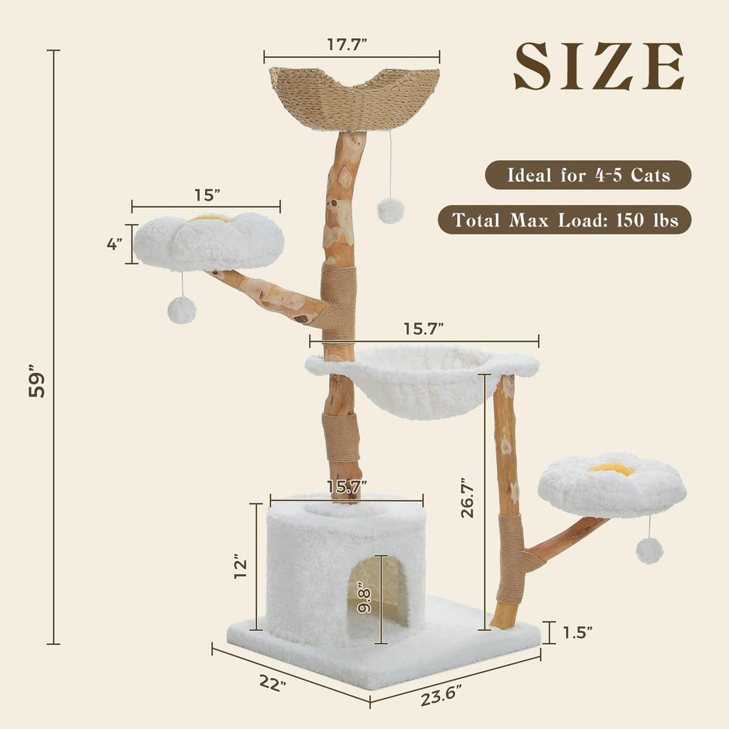 59" Modern Wood Cat Tree for Large Cats, Boho Style, Cloud White