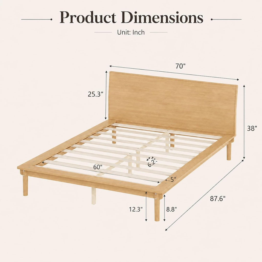 Low Profile Japanese Joinery Bed Frame with Headboard, Natural