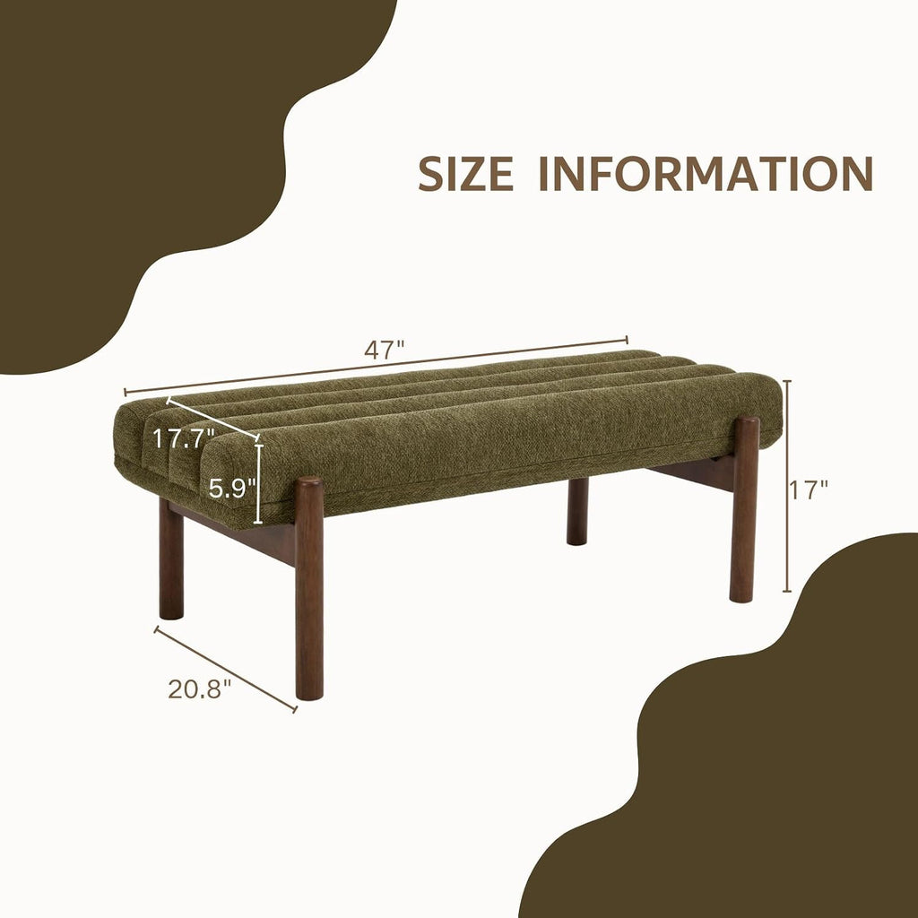 Green Modern Bench End of Bed Entryway Living Room | Chenille Fabric, Wooden Legs, 47" Long, Upholstered, Vintage Mid