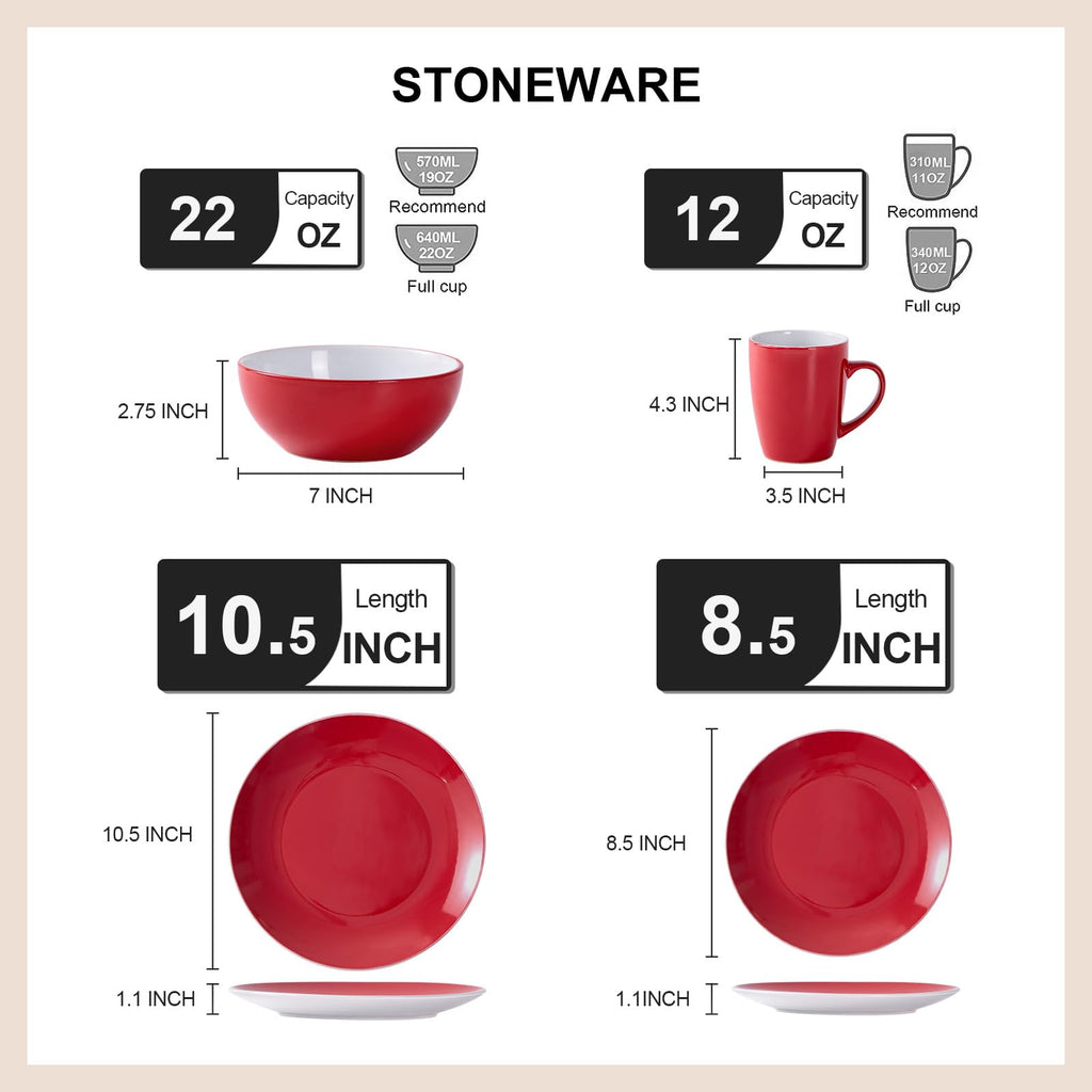16 Piece Round Kitchen Dinnerware Sets, Plates and Bowls, Dinner Plates, Cereal Bowls, Stoneware Dinnerware, Blue and