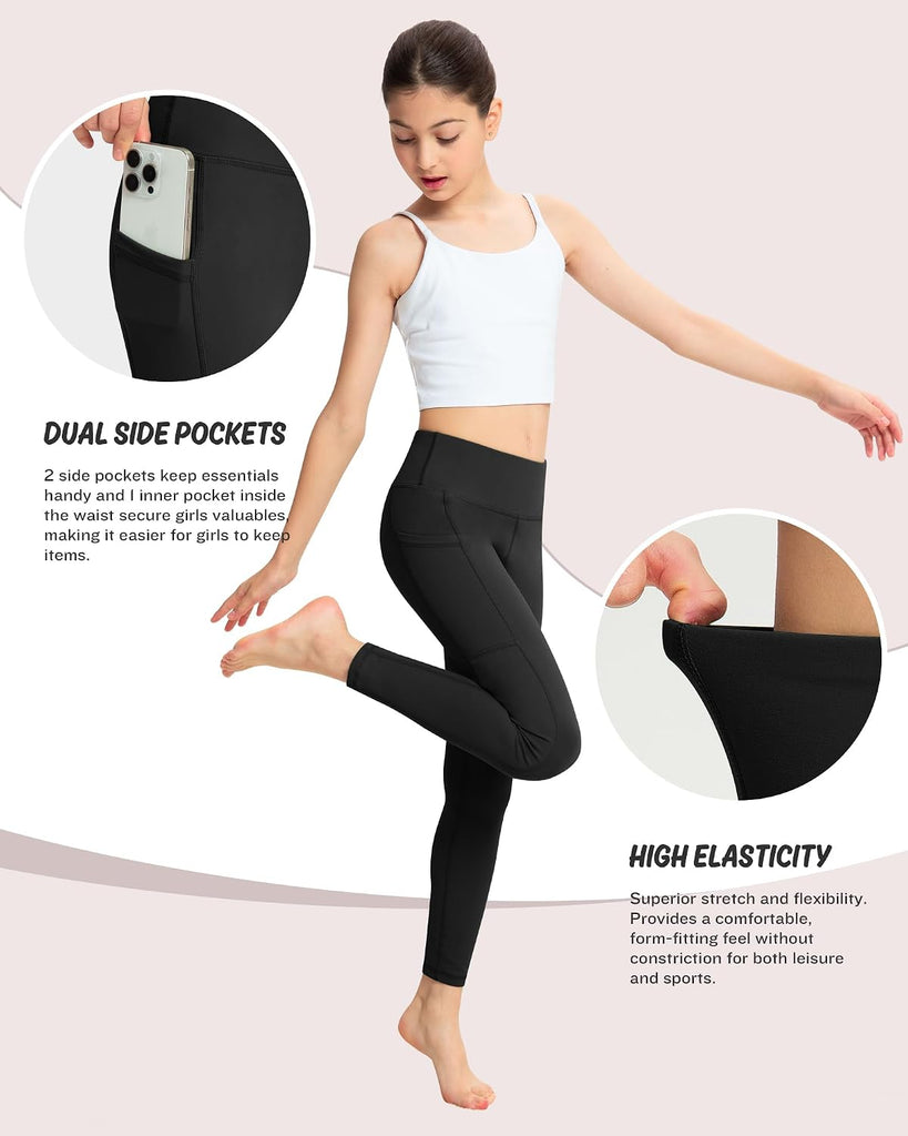 Girls Leggings with Pockets: High Waisted Yoga Workout Athletic Dance Running Pants 4 Packs