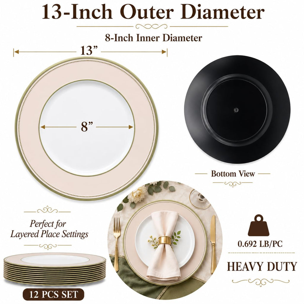 Champagne Blush Charger Plates Set of 12-13in Gold Beaded Rim Chargers for Dinner Plates- Heavy Duty Round Plastic