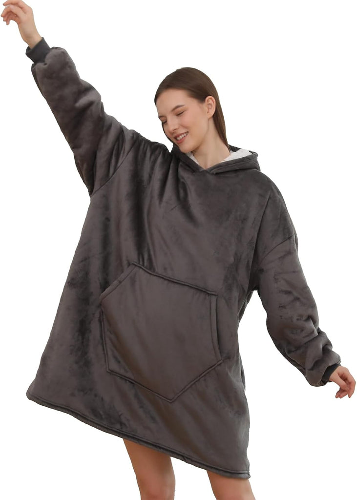 Wearable Blanket Hoodie, Oversized Sherpa Fleece Sweatshirt Blanket with Giant Hood Pocket and Sleeves for Adult