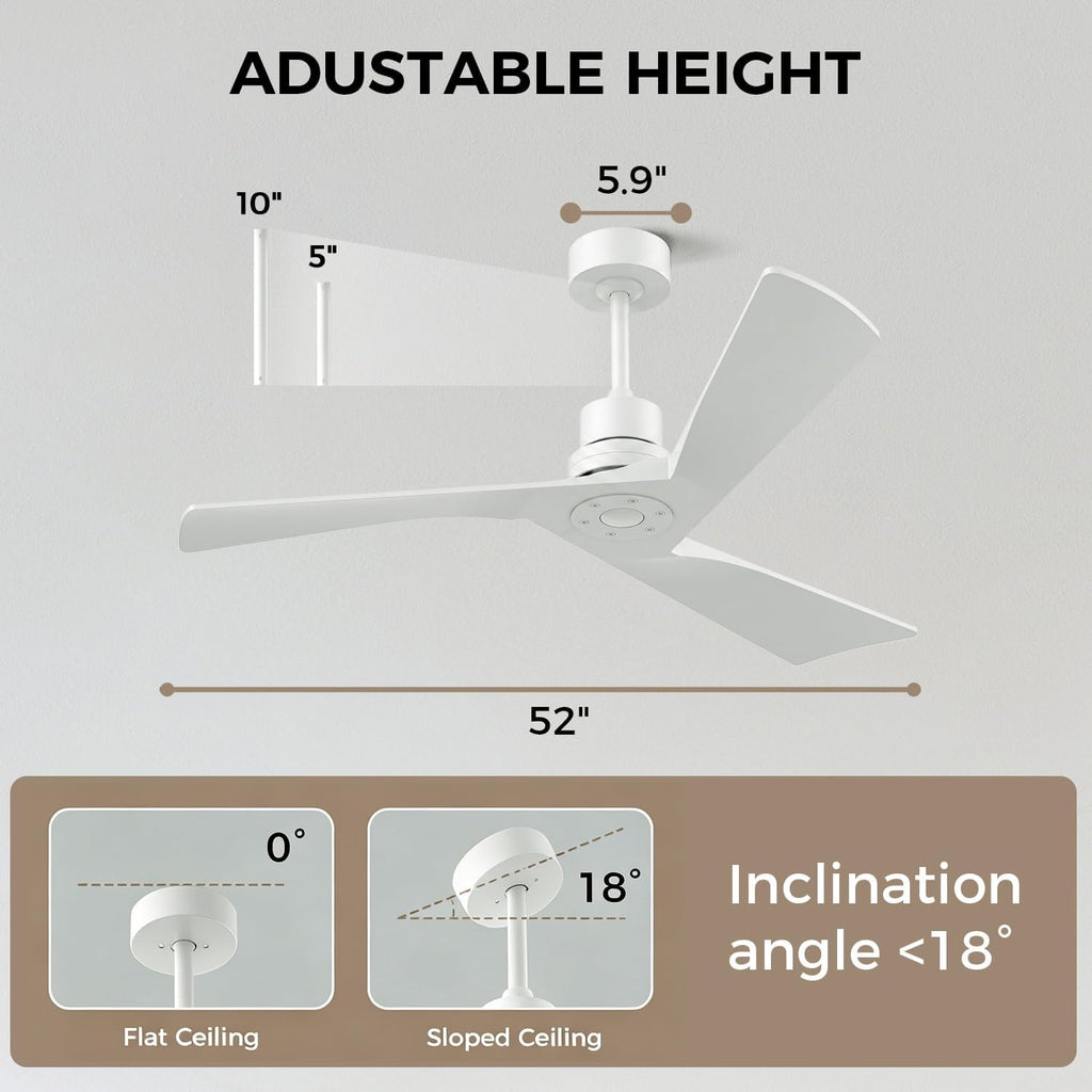 Inspired Adler Style 52" Solid Wood Ceiling Fan Without Light, 3 Sculpted Blades, Quiet DC Motor, 6-Speed Remote - White