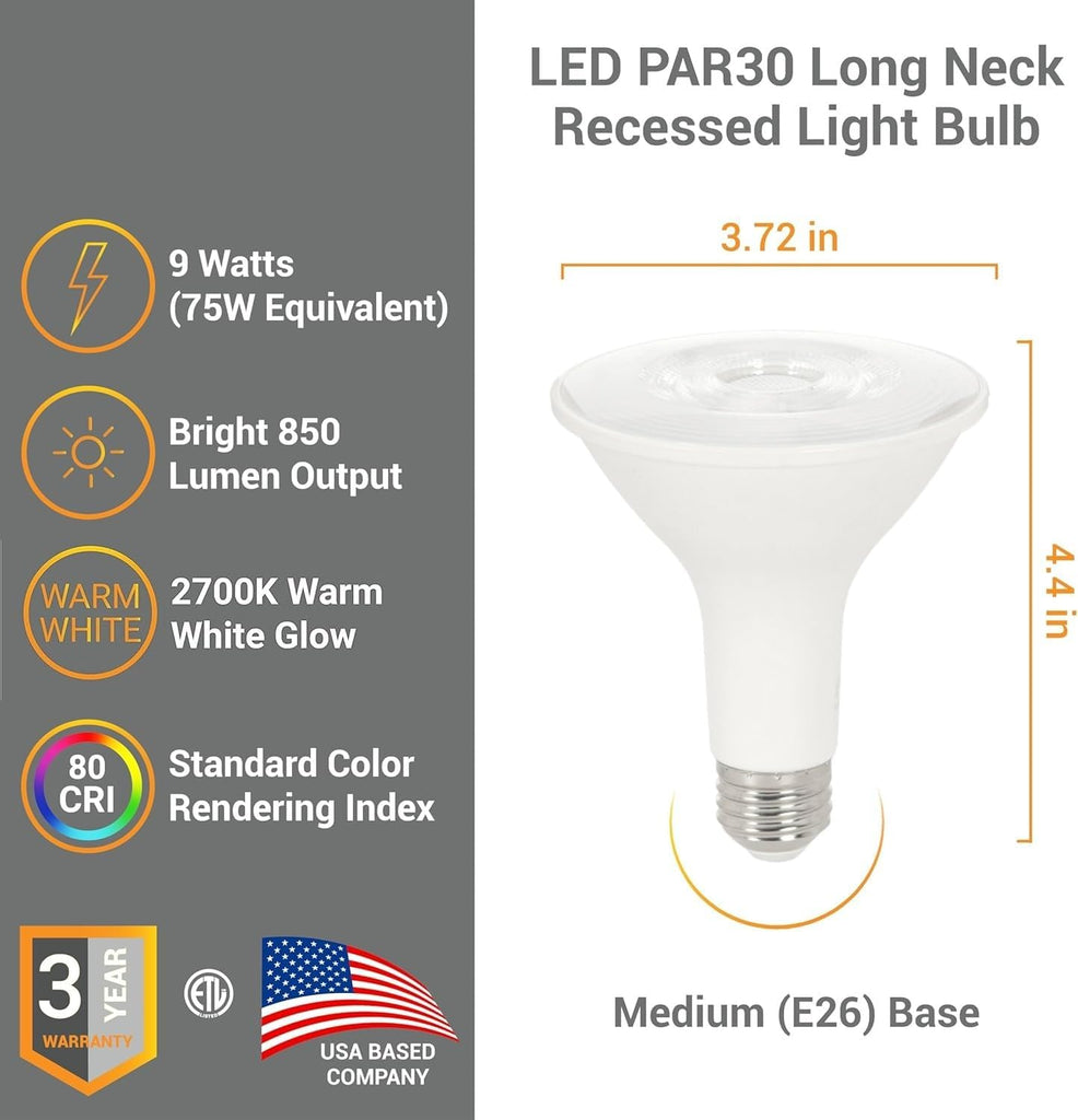PAR30 LED Bulb Long Neck Flood Light 9W (75W Equivalent) 850 Lumens 2700K Warm White Dimmable E26 Medium Base 35°