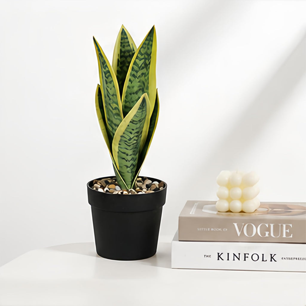 Mini plants Small Artificial Snake Plant in Black Pot 10.5" - Green