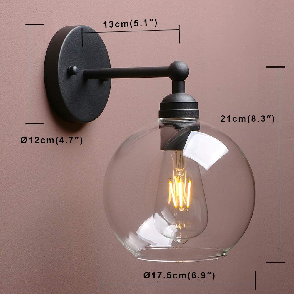 Black Brass Globe Glass Shade Vanity Bathroom Wall Sconce | 1-Light﻿ Indoor Hardwired Wall Industrial Fixture Lights