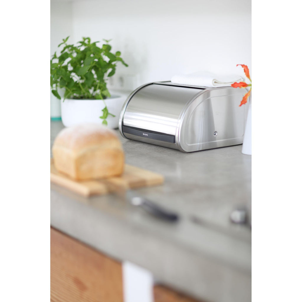 Roll Top | Medium | Matt Steel | Large Metal Front Opening Bread Store Countertop | Partly Flat Top for Extra