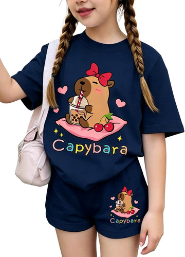 Girls Summer Clothes Cute Capybara Print & Cherry Bow Short Sleeve Shorts Set Tween Girl Outfits