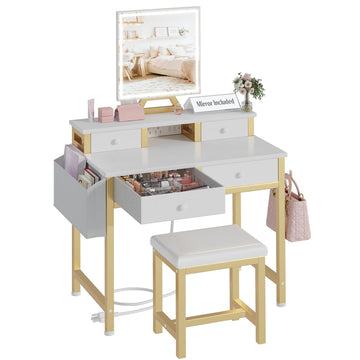 Small Makeup Vanity Desk with Lights, 31 inch Girls Vanity Set with Mirror and Chair, Make Up Dresser Table with