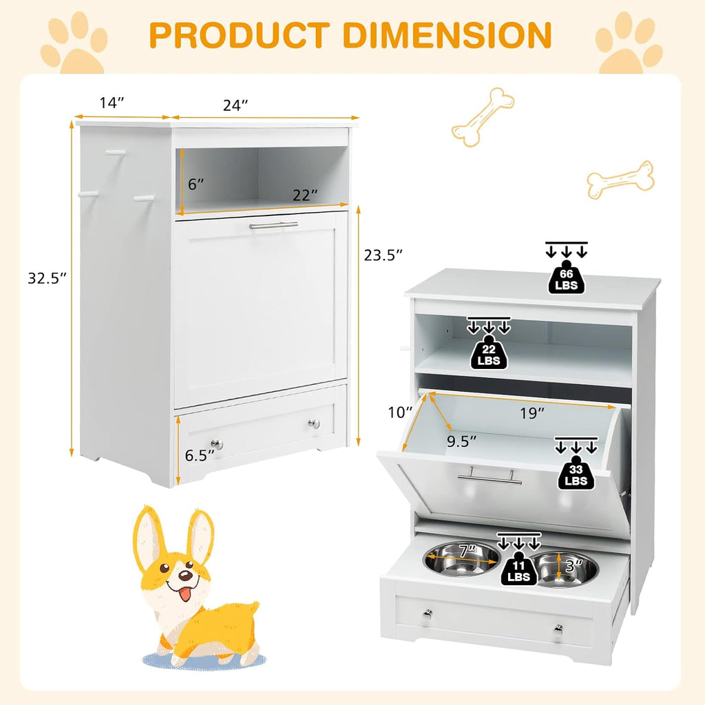 Pet Feeder Station, Dog Food Storage Container with Double Pull Out Dog Bowls, Pet Food Toy Organizer Cabinet, Pet